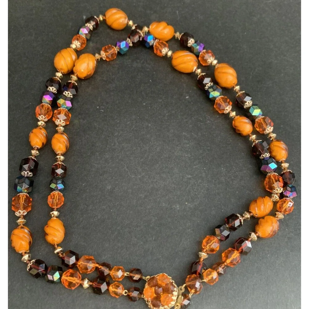 West Germany Orange Amber Fall Tone Double Strand Glass Crystal Bead Necklace - Picture 4 of 6